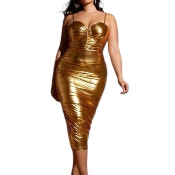 REBDOLLS Ember Metallic Ruched Midi Bodycon Dress - Picture 2 of 3